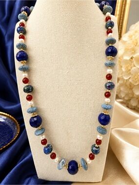 Artisan Faceted Lapis Garnet Pearl Vintage Ceramic Beaded Necklace 26” Gold Tone